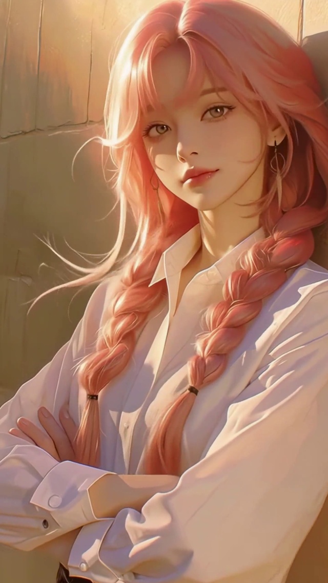 夕阳光下的粉发少女