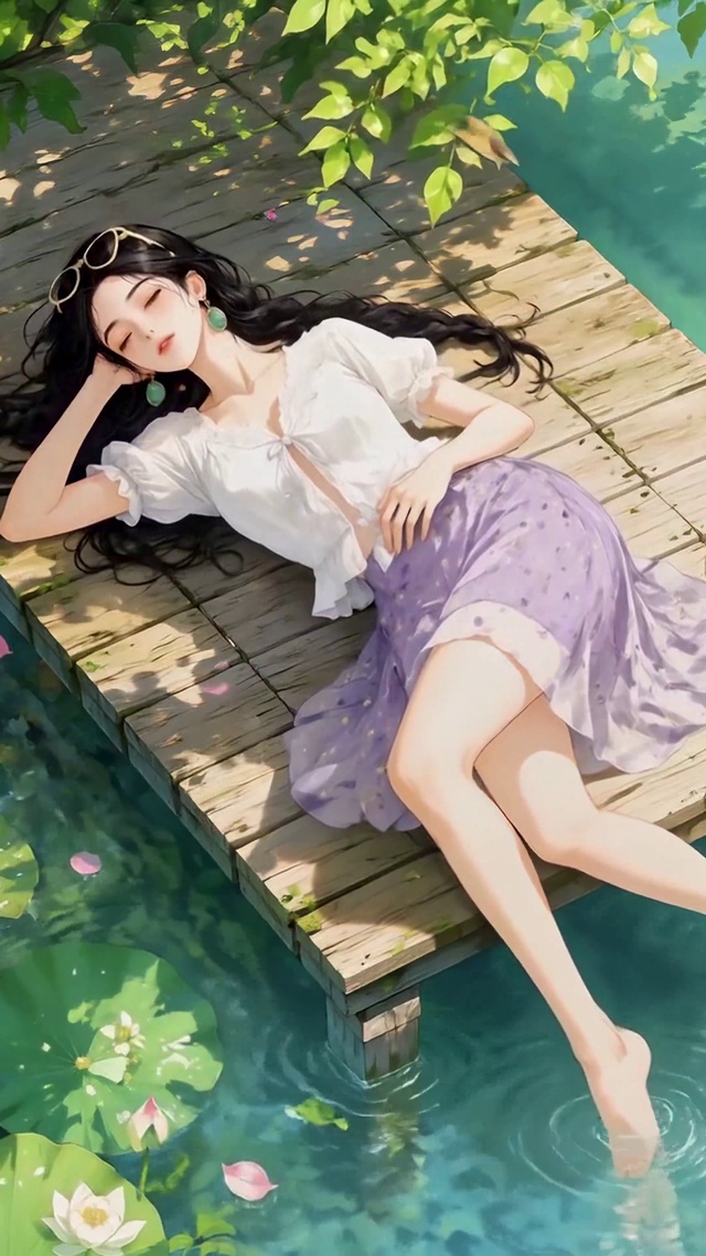 夏日荷塘闲憩美少女