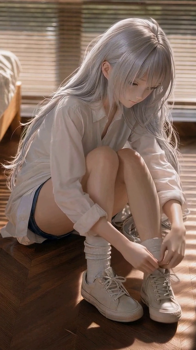 卧室银发二次元美少女