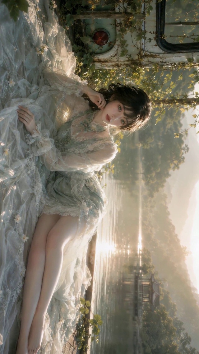 湖边晨光清纯美少女