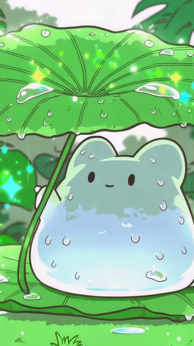 荷叶伞下的雨中小精灵