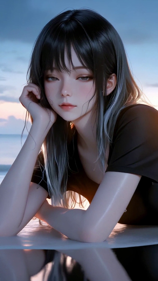 黄昏海边慵懒美女