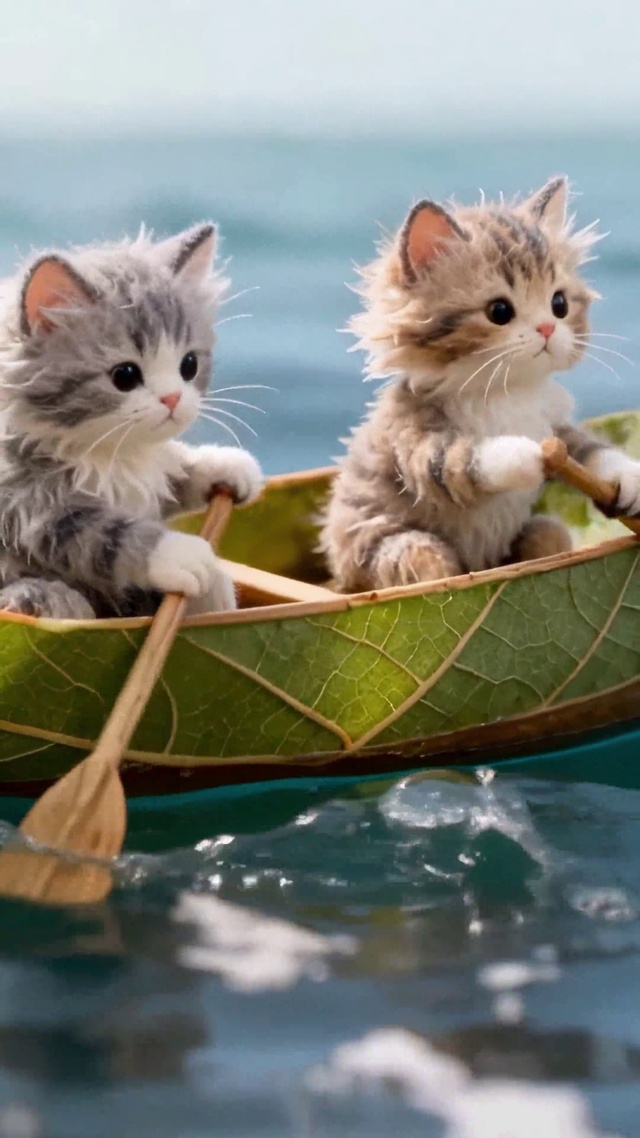 萌猫划树叶船海上漂流