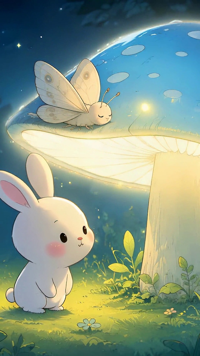 月夜森林蘑菇下的可爱白兔