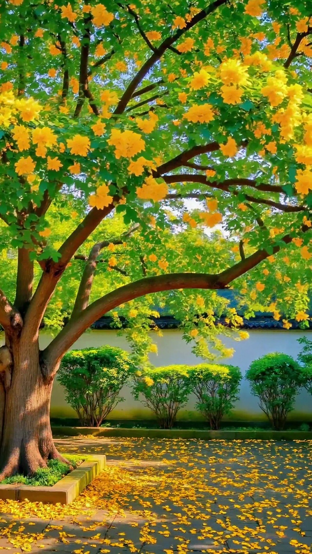 中式庭院黄花树治愈风景