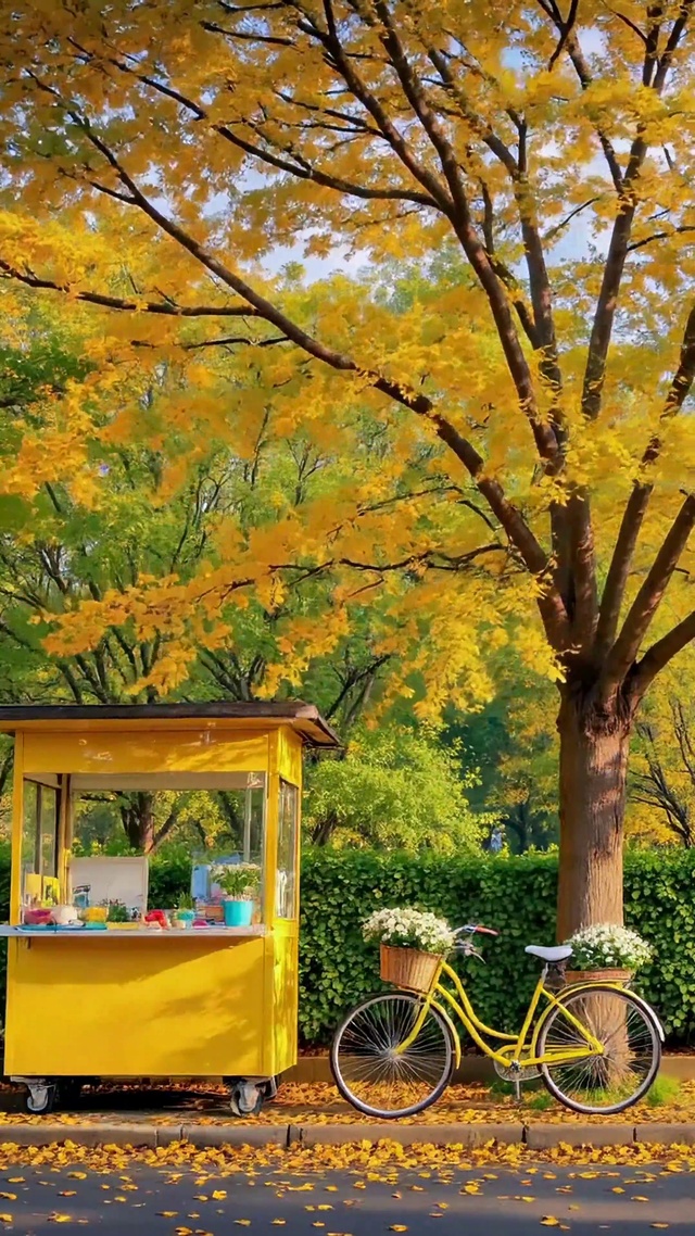 秋日金黄林荫治愈风景