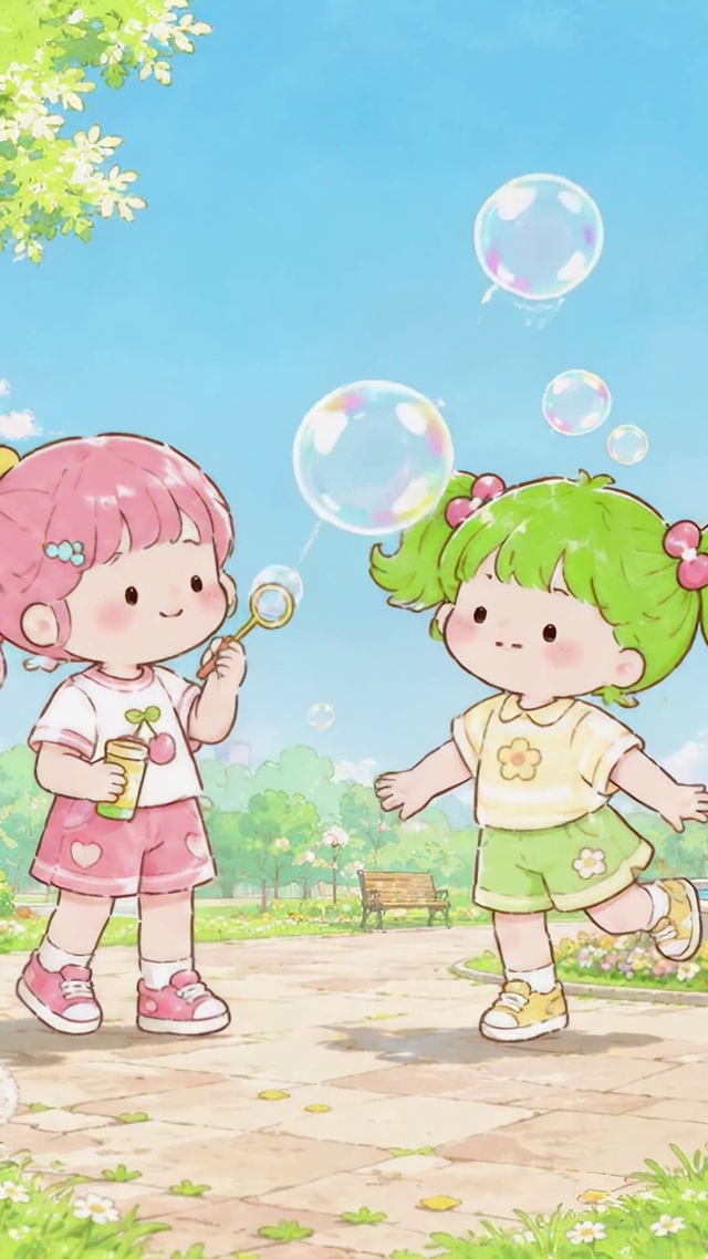 春日公园玩泡泡的可爱小女孩
