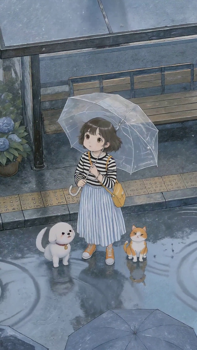 雨中巴士站的少女与萌宠