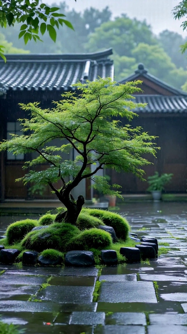 雨天古风庭院清幽美景
