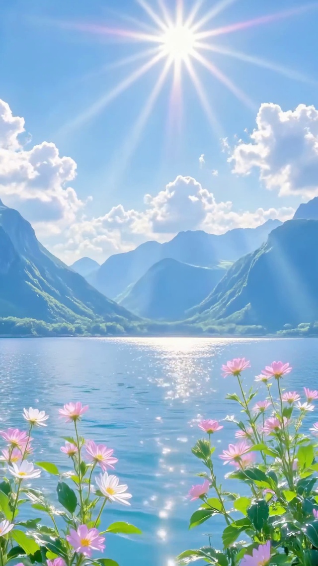 阳光洒落的山谷湖泊