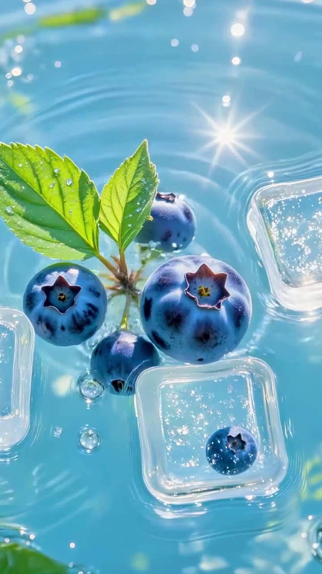 夏日蓝调水面蓝莓冰立方