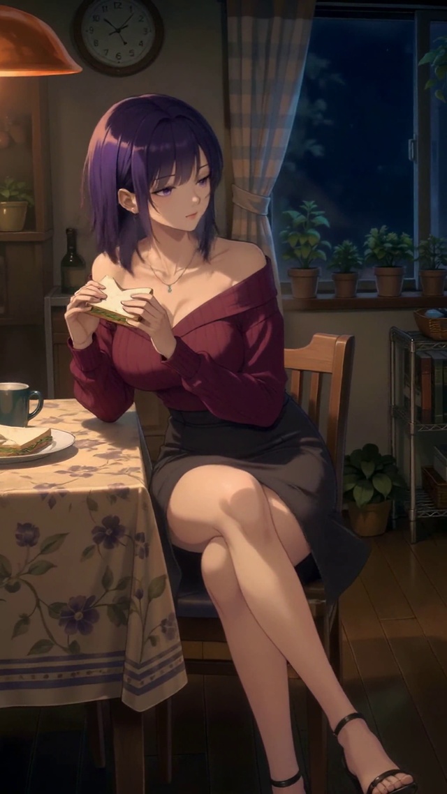 紫发少女夜景厨房