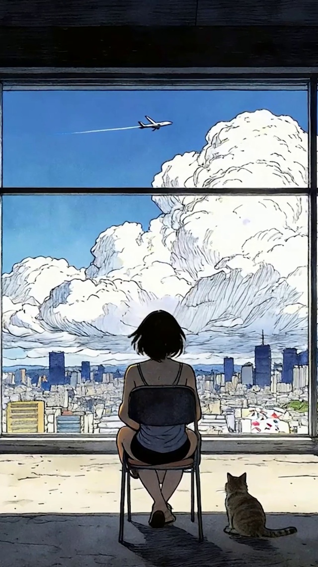 女孩与猫咪望着天空