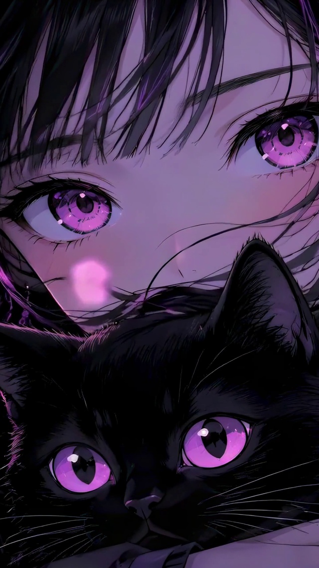 紫调樱花下的粉瞳少女与黑猫
