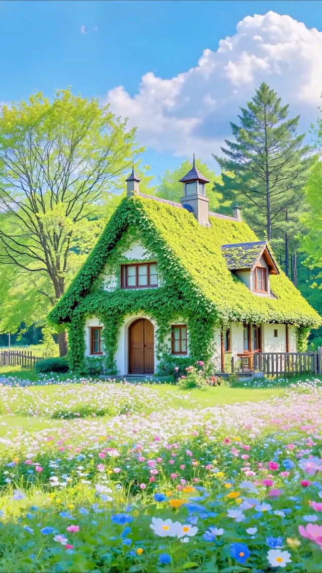 绿色草地森林小屋