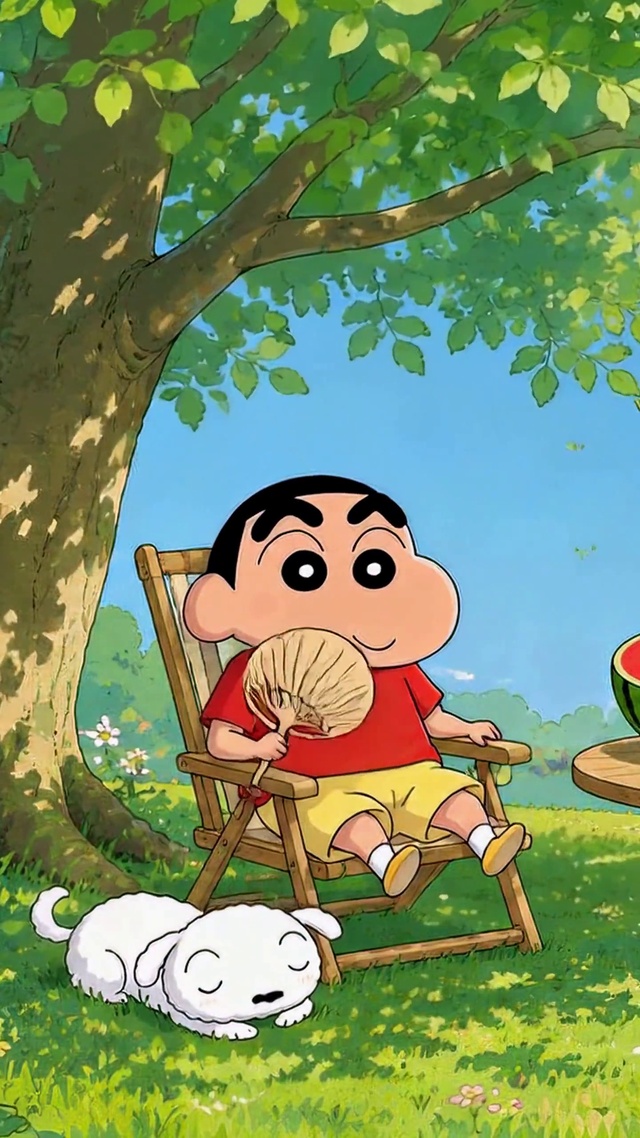 夏日树荫下悠闲的蜡笔小新