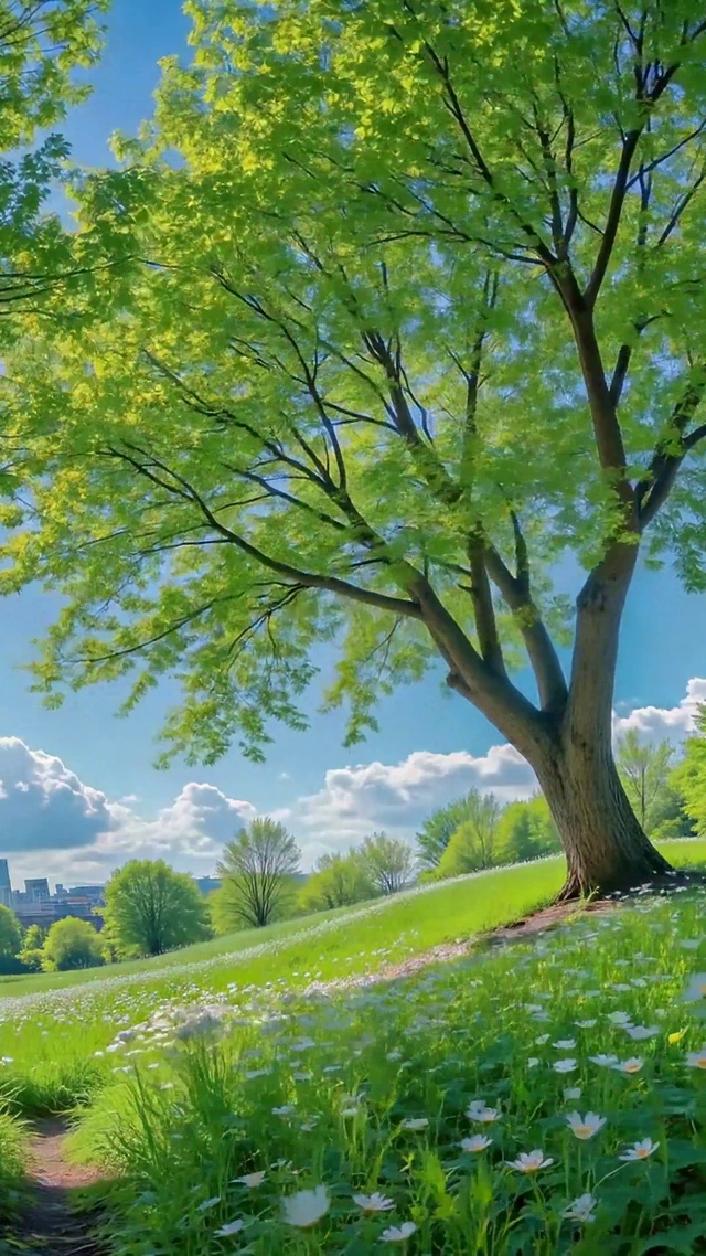 晴朗阳光绿草地治愈风景