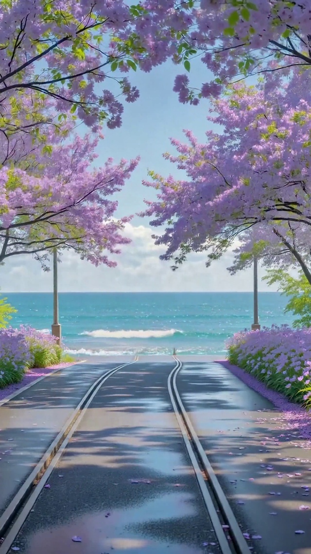 紫花林荫滨海治愈风景