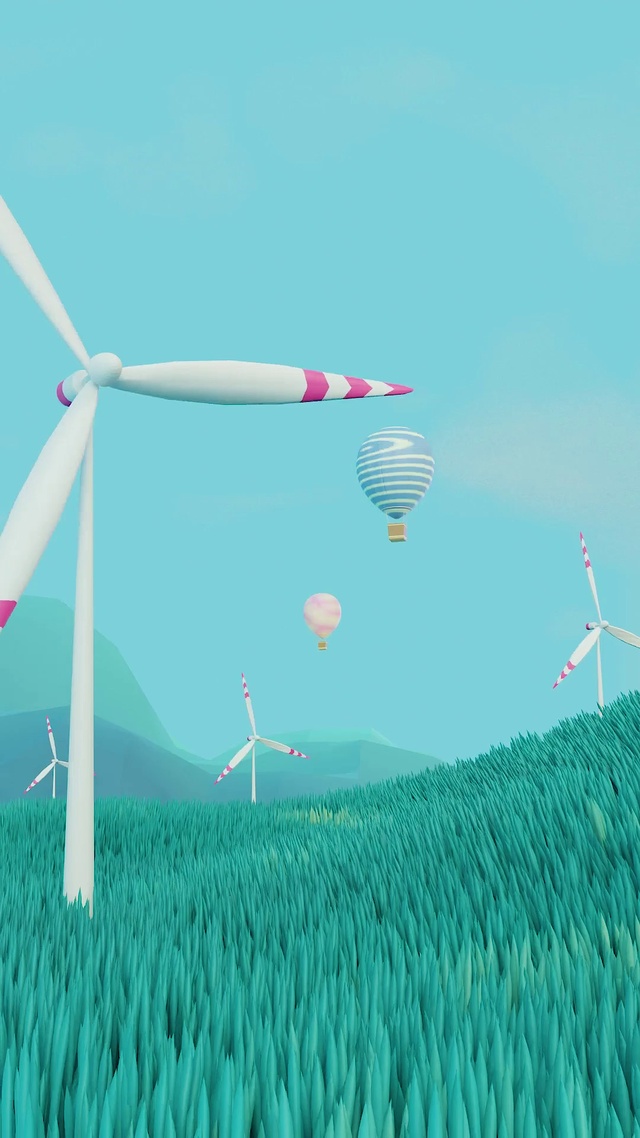 蓝天、白云、热气球、风车和绿草