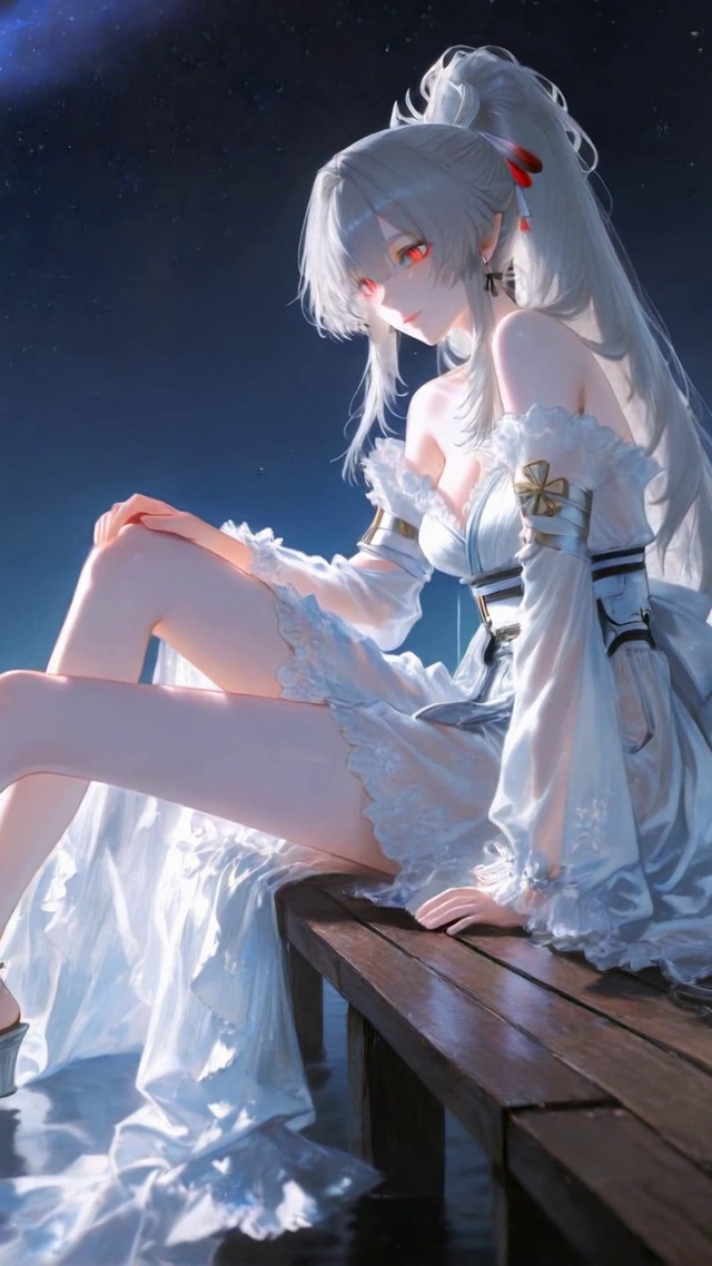 星空湖畔银发白裙美少女