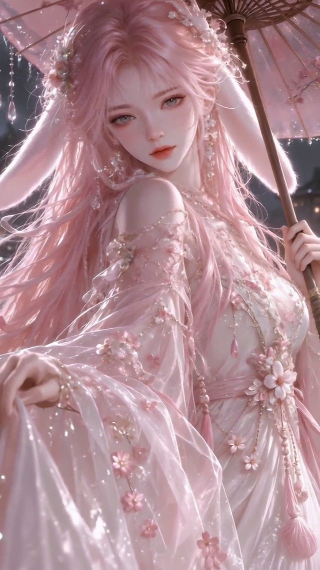 樱雨夜撑伞兔耳美女