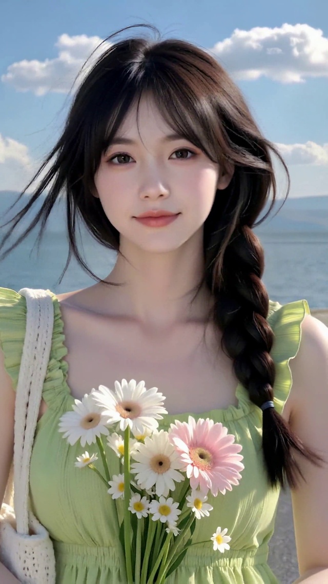 湖畔清新抱花美女