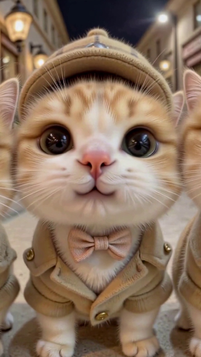 三只可爱英伦风街景小猫