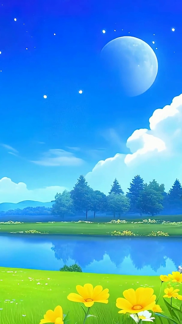 夜景树木河流