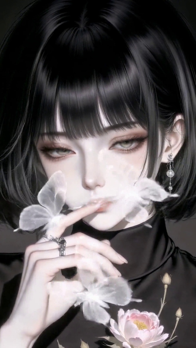 暗黑氛围感粉花短发美少女