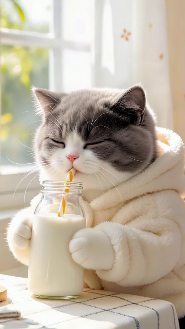 猫咪早餐喝牛奶
