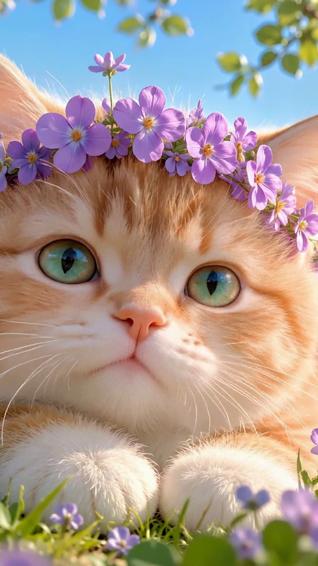 戴紫色花环的可爱橘猫咪