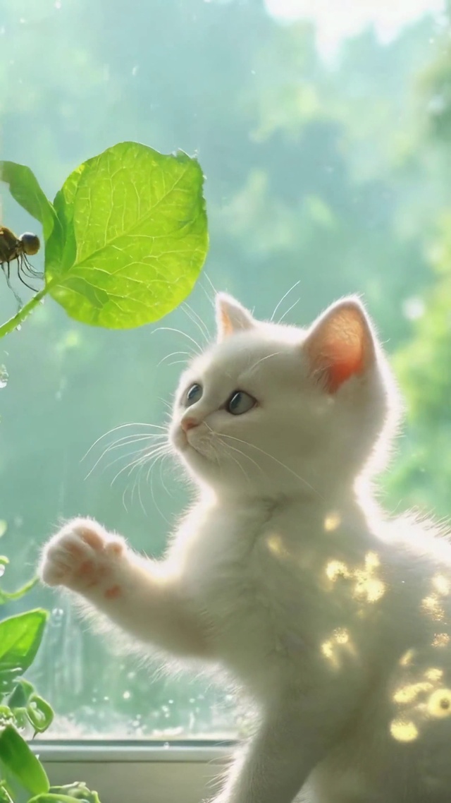 雨天窗边的可爱白奶猫