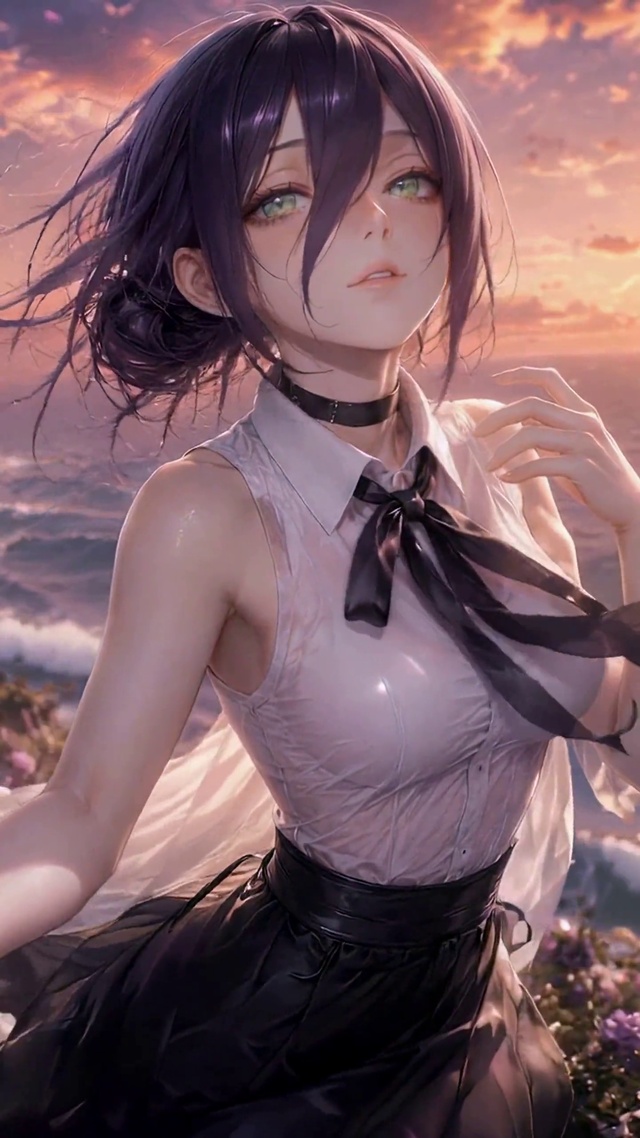 海边日落紫发二次元美少女