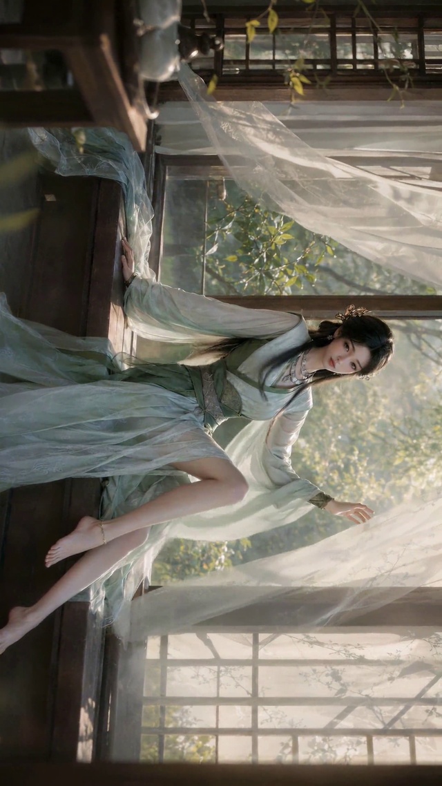 窗边古风清雅绿裙美女