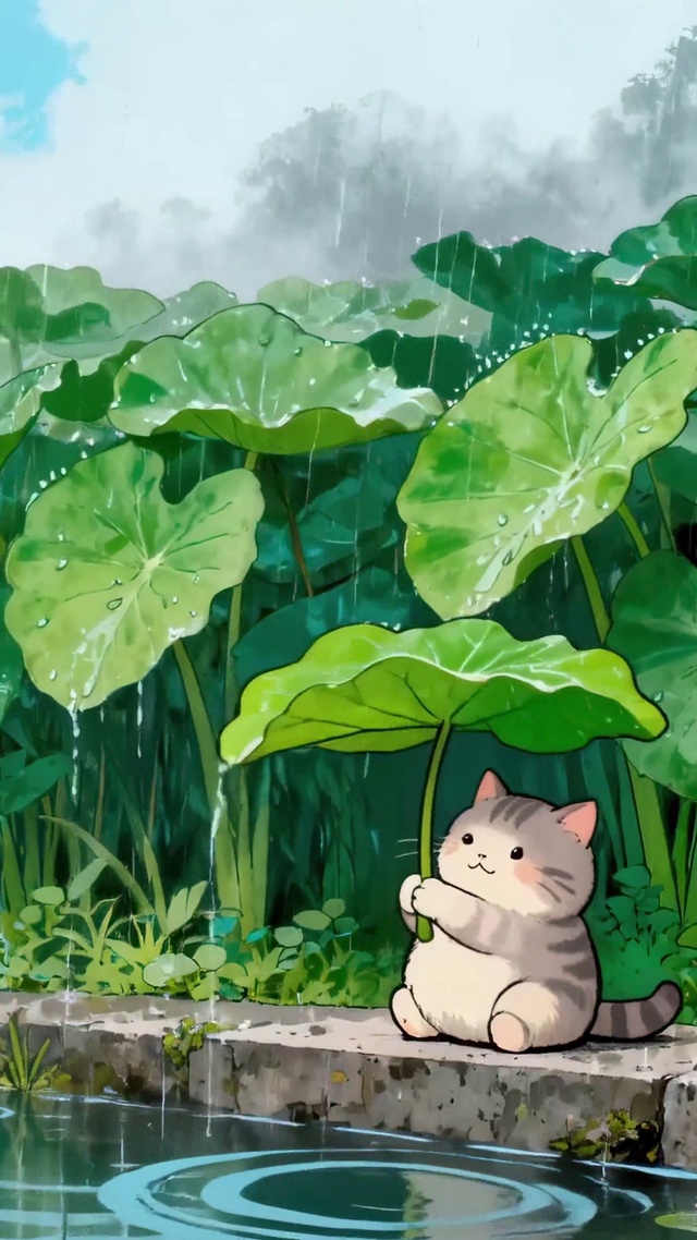 猫咪的荷叶伞