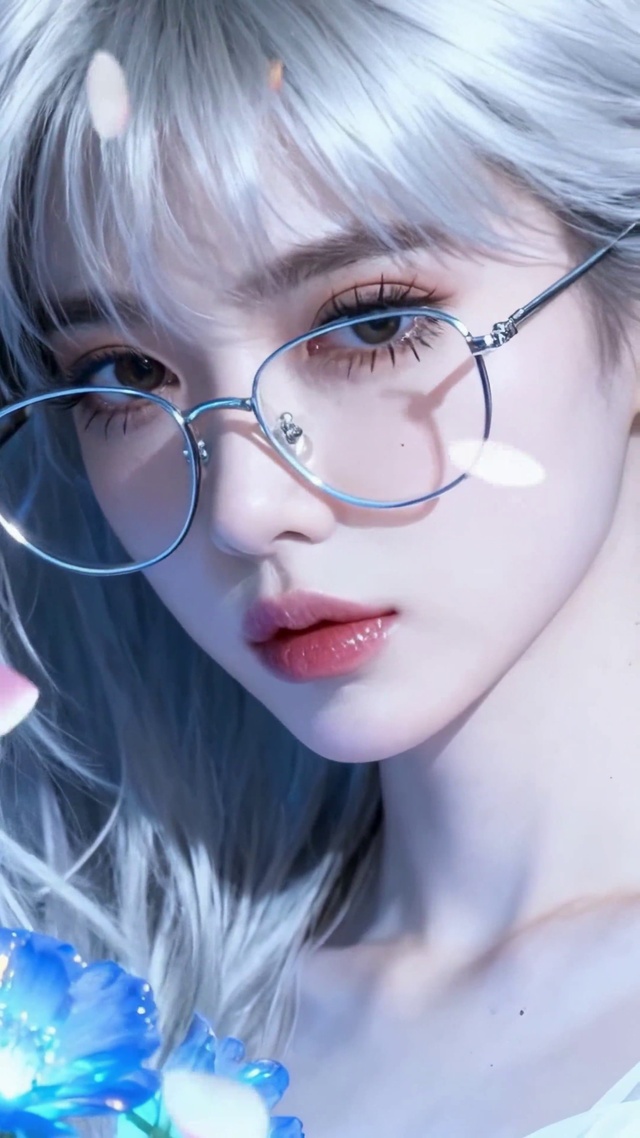 蓝光花丛银发眼镜美女