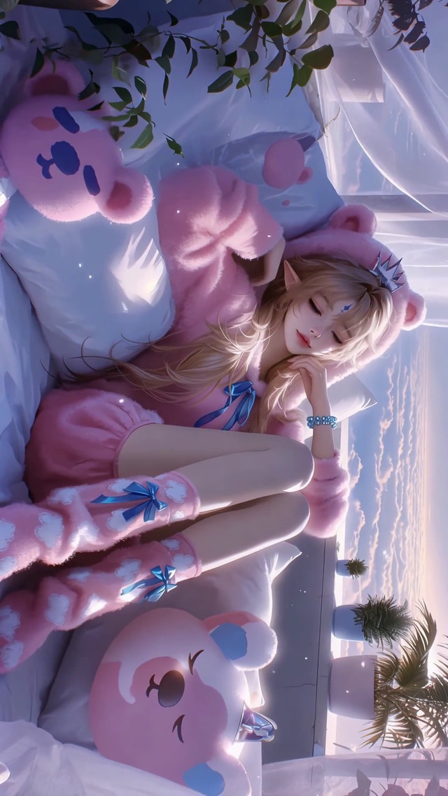 云海窗边的粉熊睡衣少女