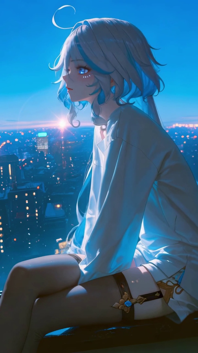 蓝调窗边夜景里的芙宁娜