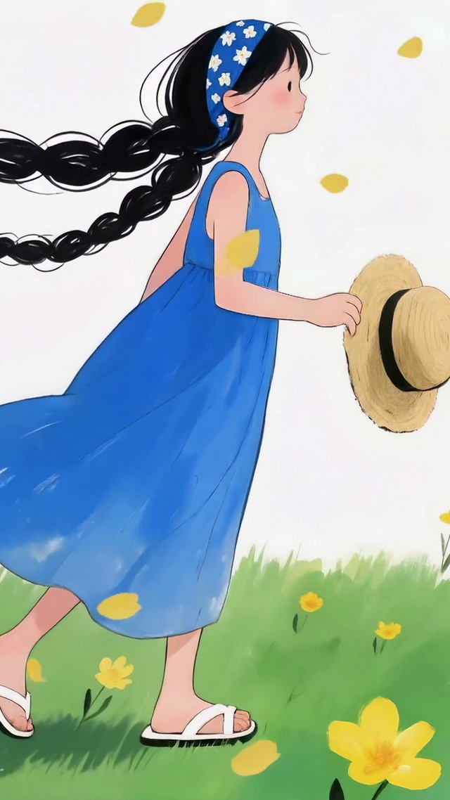夏日花田的蓝裙少女