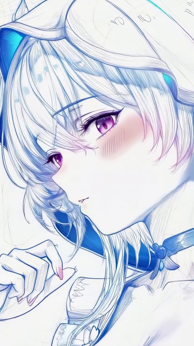 蓝调手绘线画少女守岸人