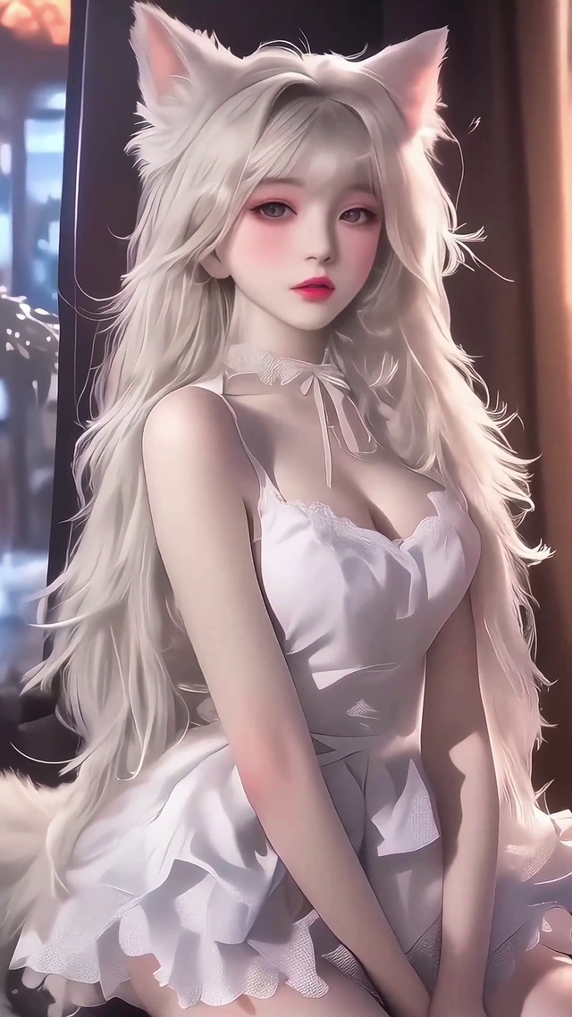 猫系白裙可爱少女高清