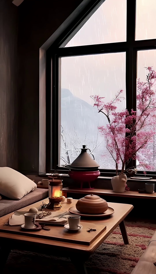 茶室喝茶休室内古风美景下雨景色国风