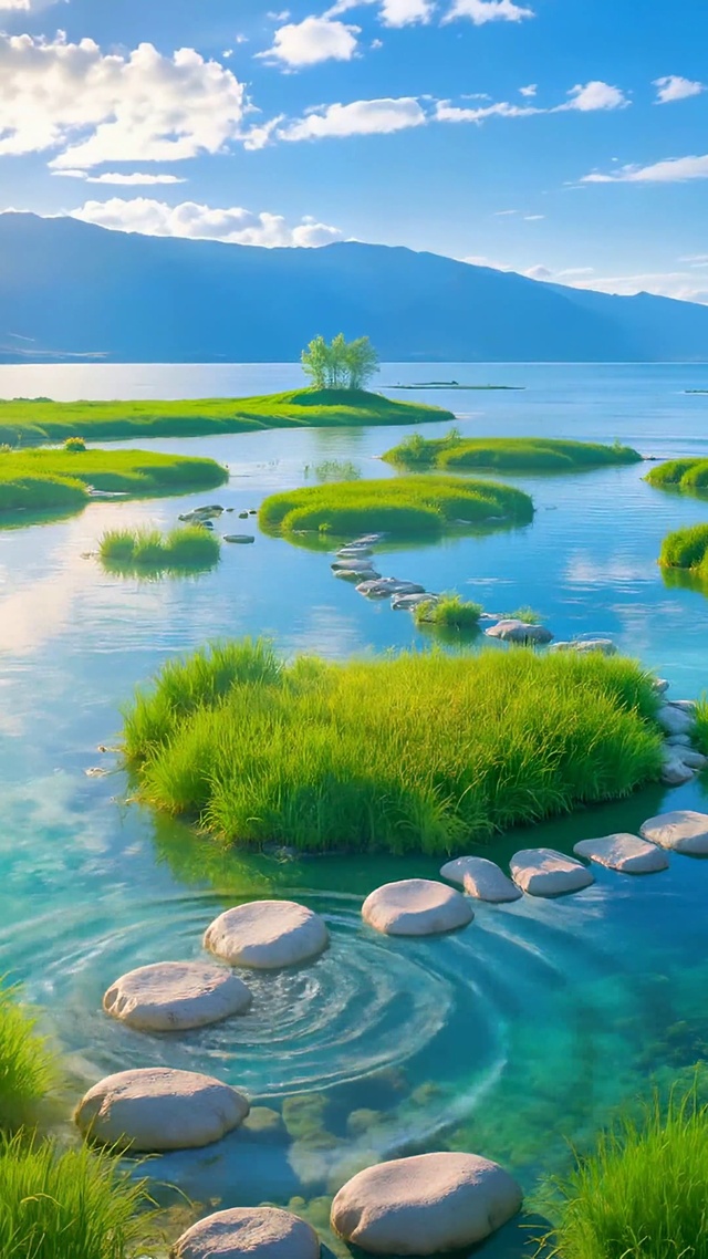 阳光碧水青草地