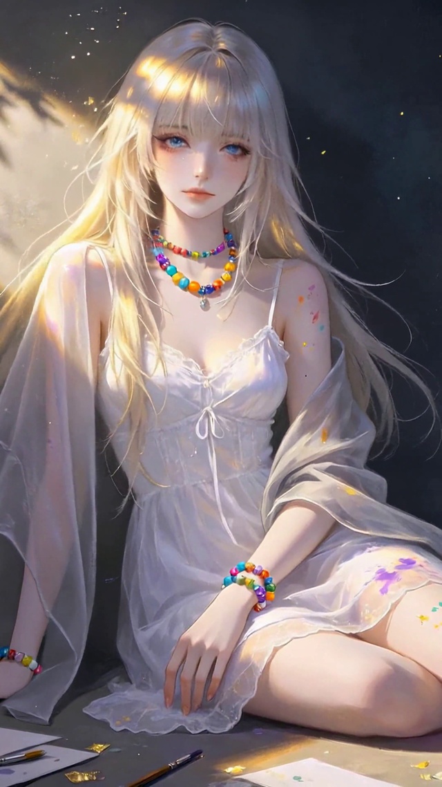 画室温柔银发美少女