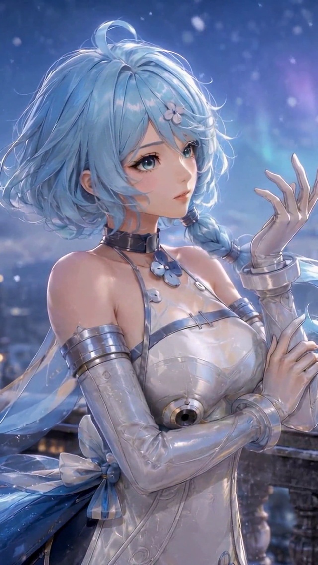 雪景极光蓝发二次元美少女