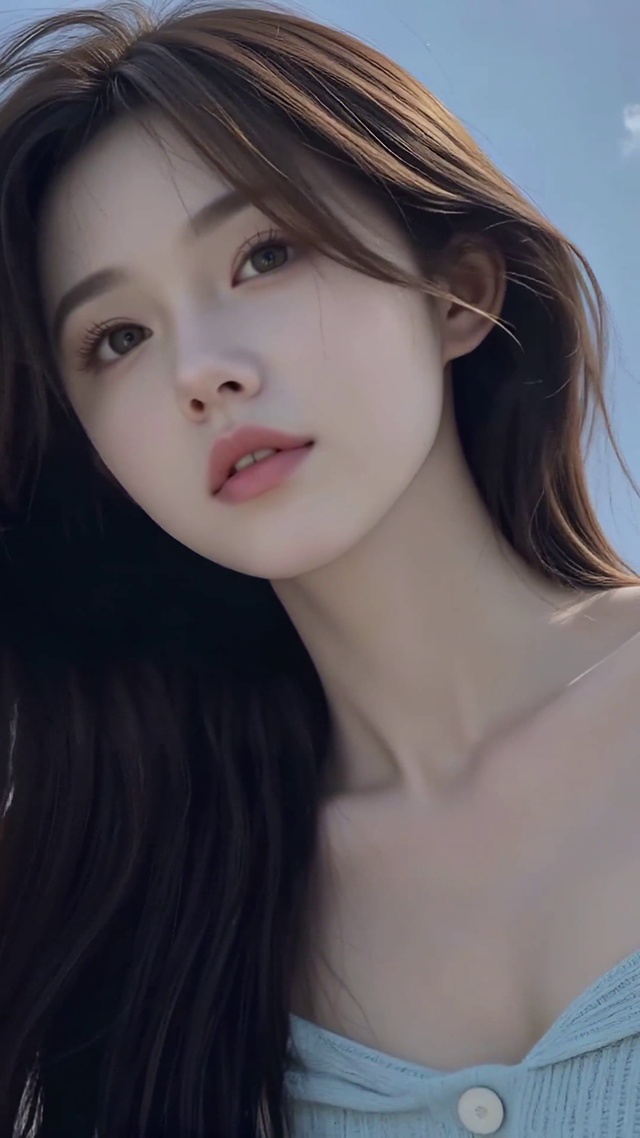 蓝天白云下的清纯长发美女
