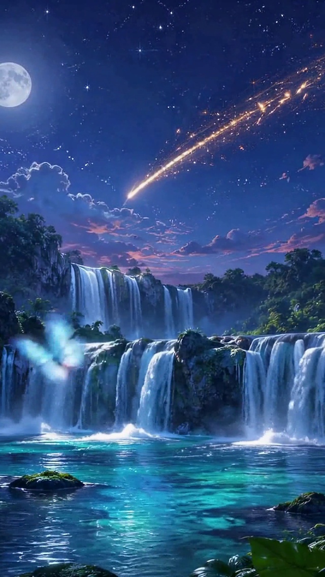 月夜蓝蝶星空瀑布仙境