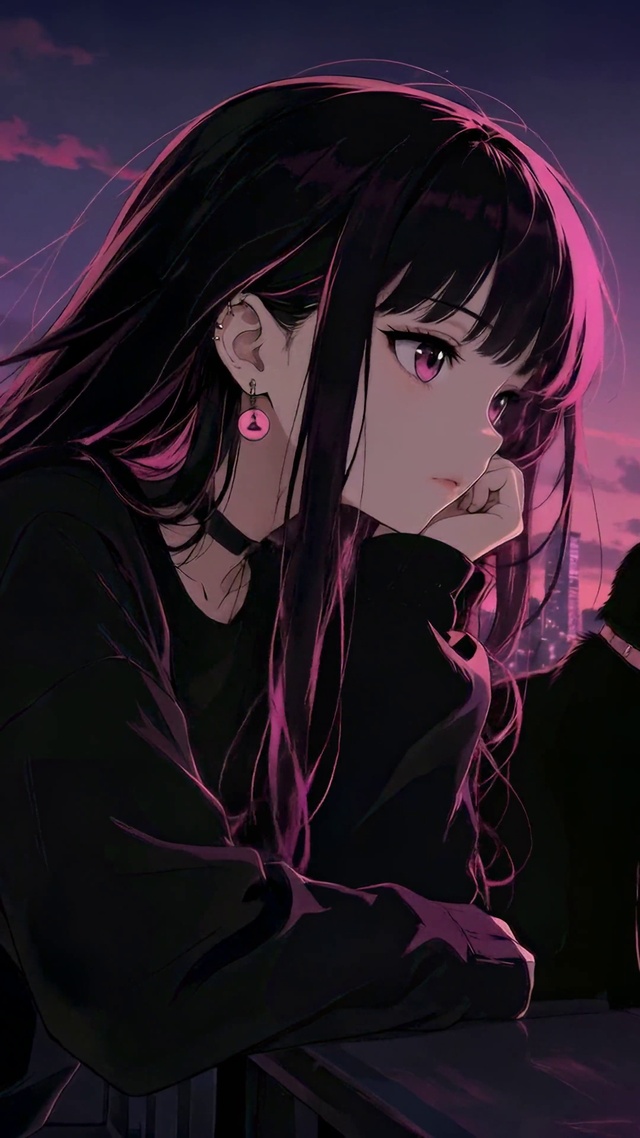 紫夜天台美少女与黑猫