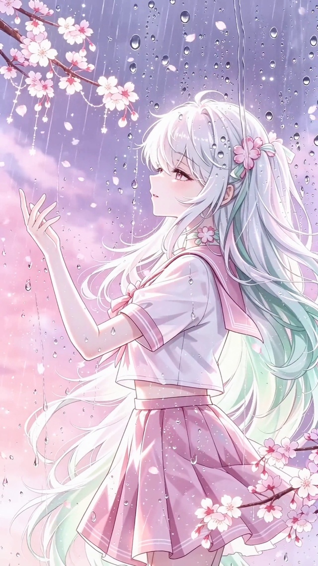 粉紫暮色雨夜的樱花少女