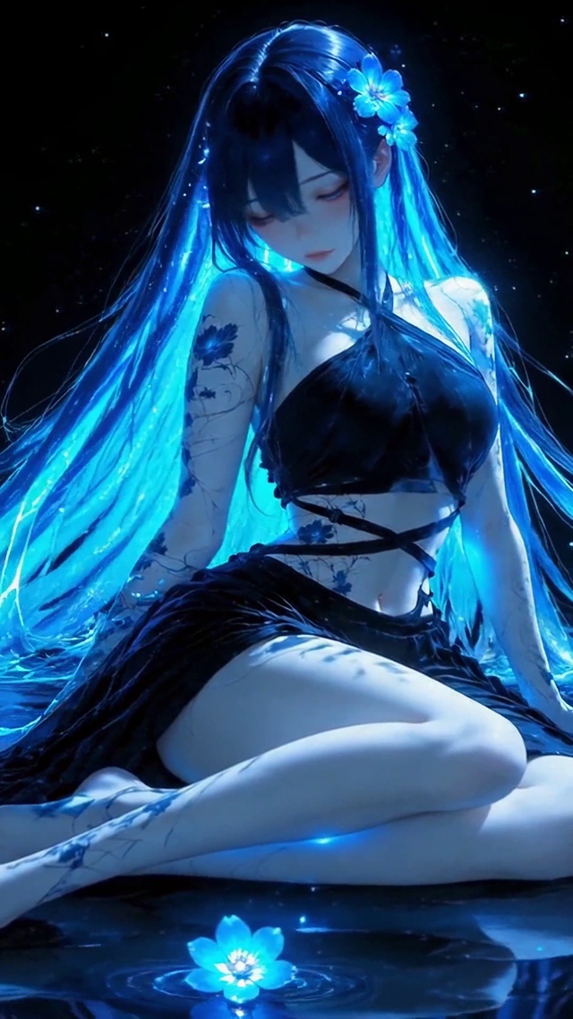 暗夜荧蓝水畔美少女